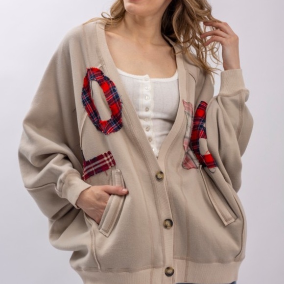 Bluevelvet Love Plaid Print Patch Button Down Loose Fit Cardigan - Picture 2 of 6